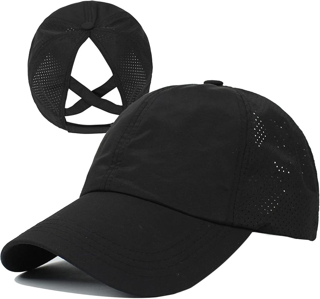 HGGE Womens Criss Cross Ponytail Baseball Cap Adjustable High Messy Bun Ponycap Quick Drying Hat (One Size, Black)