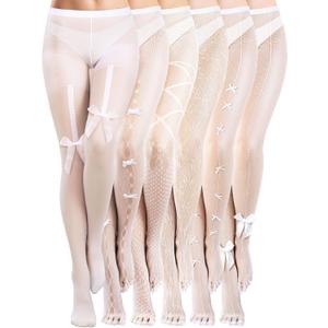 Ramede 6 Pairs Women Fishnet Thigh High Stockings Waist Tights Bow Patterned Fishnet Leggings Pantyhose for Halloween (X-Large-XX-Large, White)
