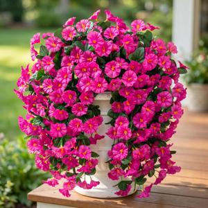 Ouddy Decor 3 Pcs Artificial Hanging Flowers for Outdoors, Fake Silk Hanging Plants Faux Morning Glory UV Resistant for Outdoor Indoor Garden Planter Porch Patio Yard Balcony Home Decor, Fuchsia