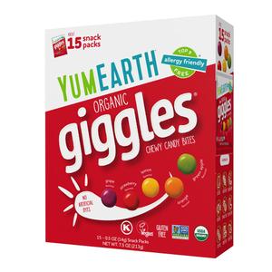 YumEarth Organic Giggles Chewy Candy Allergy Friendly, No Artificial Dyes, Non GMO, Gluten Free, Fruit Flavored, Vegan Candy Snacks 0.5 oz (Box of 15) (EXP 12/02/27)