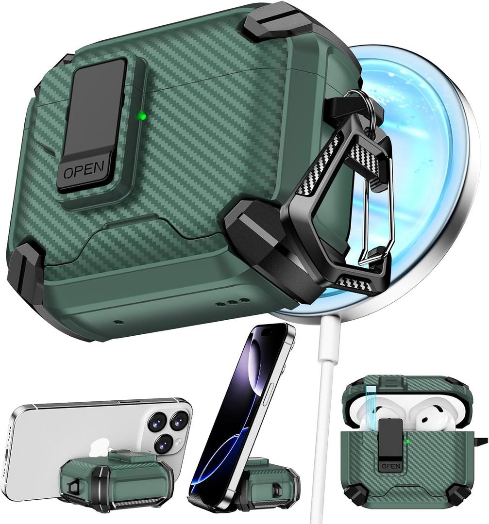 Pohgelan Compatible with AirPods 4 Case,Magnetic Automatic Lock with Phone Stand & Cleaning Kit,Compatible with Magsafe,Carbon Fiber Texture Cover -Green