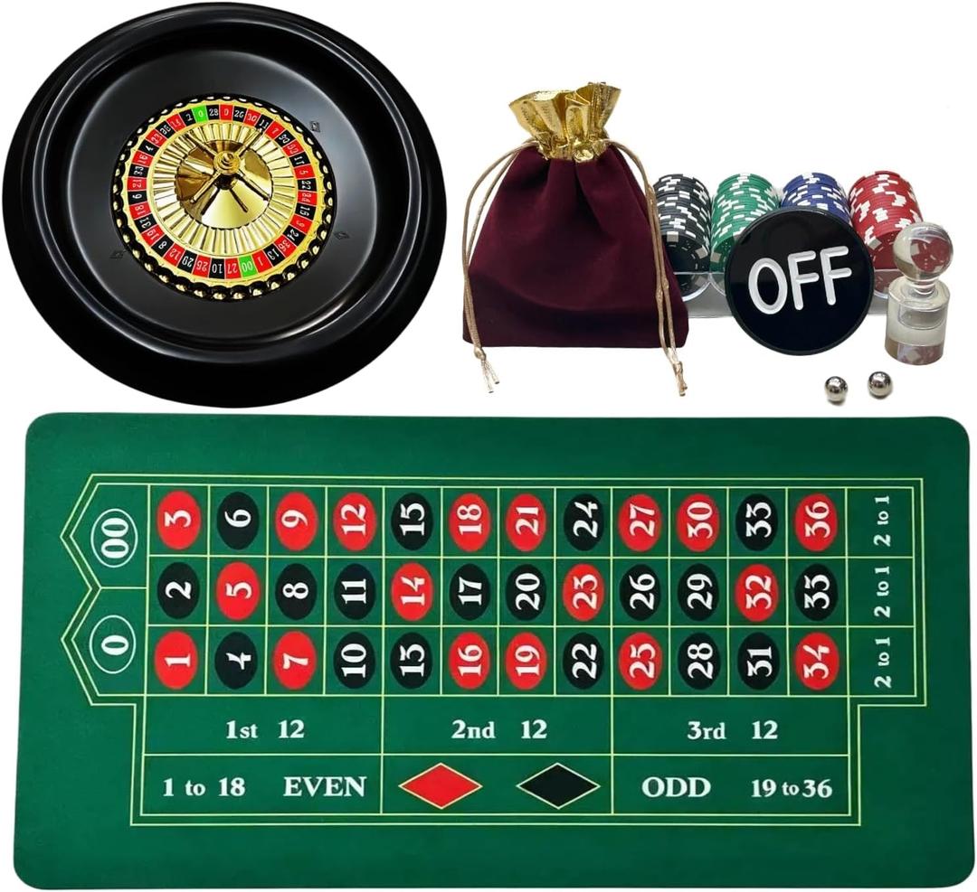 Roulette Wheel Game Set with 16" Black Wheel & 35"x18" Green Mat - Casino Tabletop Party Game for Adults, Families, Friends, Portable Casino Night Set, Premium Gift Ideas, Ages 14 and Up, Small