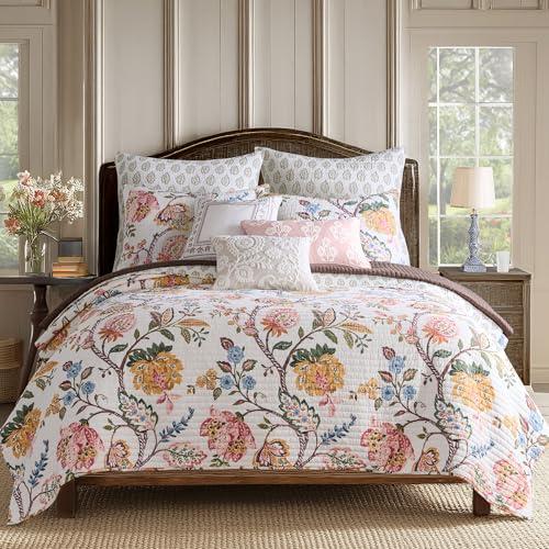 Levtex Home - Maileen Dusty Rose Quilt Set - King Quilt and Two King Shams - Floral - Dusty Rose Ochre Blue Green Brown Off-White - Quilt (106x92in.) and Shams (20x36in.) - Reversible - Cotton