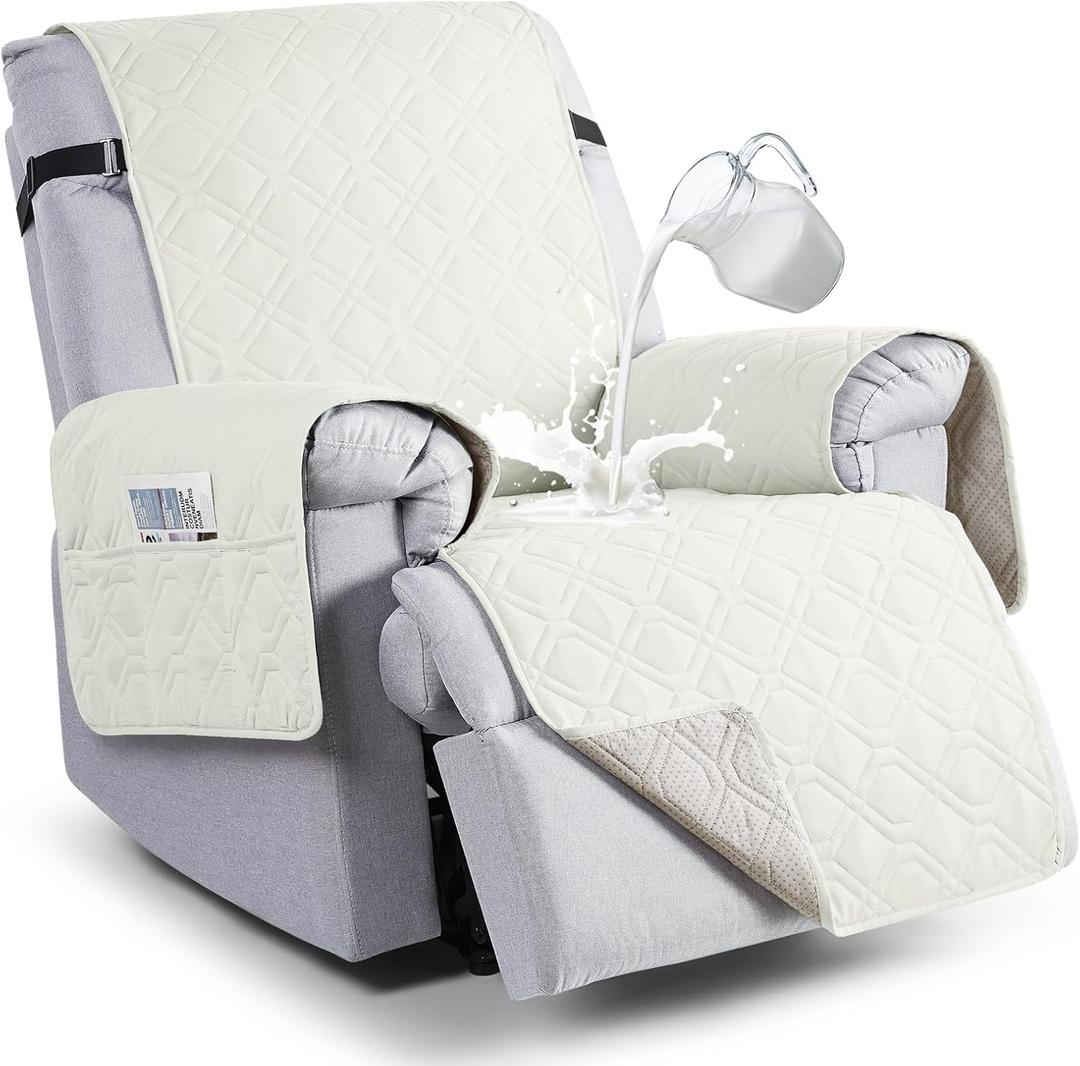 VANSOFY 100% Waterproof Recliner Chair Covers, Recliner Cover Non-Slip Dog Chair Cover Furniture Protector Washable Slipcover with Pocket, Elastic Straps for Pets, Dogs(Off White, 25")