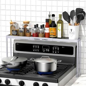 Stove Top Shelf, Adjustable 27 to 33 Inch Over the Stove Shelf for Back of Stove Spice Rack for Countertop,4 Level Height Spice Rack Organizer Seasoning Organizer for Kitchen Stove, Silver