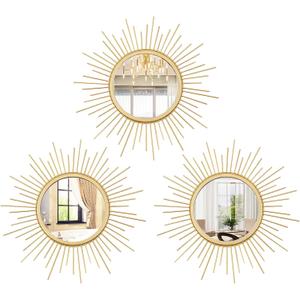 3 Set Gold Sunburst Mirrors for Wall Decorative Metal Mirrors Small Mirror Sets Decor Hanging Mirror Wall Sculpture for Bedroom Living Room Entryway