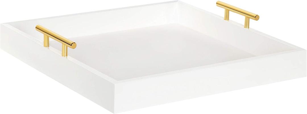 Kate and Laurel Lipton Square Decorative Wood Tray with Metal Handles, 16" x 16", White and Gold, Modern Serving Tray for Storage Or Display