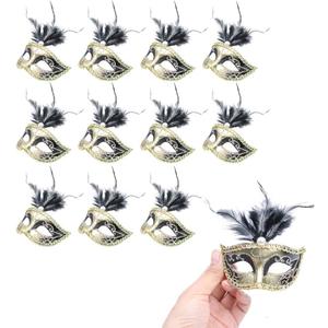 Hophen 24 Pieces Decorative Mini Masquerade Mask Party Decorations Luxury Feather Mardi Gras Venetian Mask Party Favors (Black)