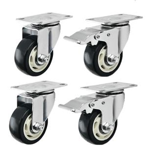3 Inch Caster Wheel Set of 4 Heavy Duty Black Casters Plate Caster Wheels with Brake, Locking Casters Polyurethane Swivel Castors for Furniture and Workbench Cart(2 with Brakes & 2 Without)