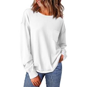 WIHOLL Womens Long Sleeve Shirts Fall Tops Casual Crewneck Loose with Pocket Trendy Clothes (White, M)