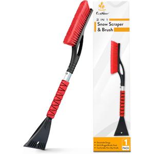 EcoNour 27" Aluminum Car Snow Scraper and Brush (Red) | Scratch-Free Weaved Bristle Head with Metal Body Ice Scraper for Car Windshield | Tough Ice Scraper with Ergonomic Foam Grip for Cars | 1 Pack