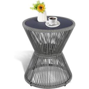 LEWIS&WAYNE Small Outdoor Side Table Patio 20 H Woven Rope Hourglass End Table with Glass Top Round Coffee Table for Living Room Outdoor Patio Backyard Poolside (Gray)