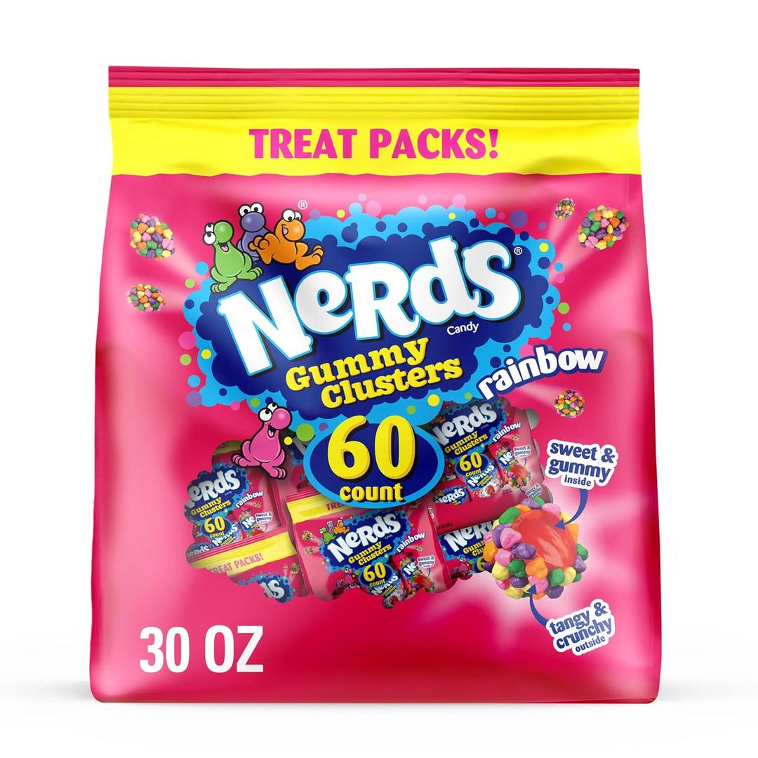 NERDS Gummy Clusters, Candy Treat Packs, Rainbow, Crunchy and Gummy, 30 oz (60 ct) (EXP 02/01/26)