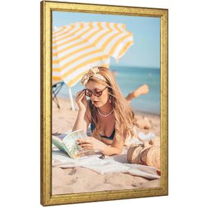 Wood 10x14 Frame Gold, Ornate Natural 14x10in Poster Picture Frame, Modern Golden 10 x 14inch Gallery Wall Photo Frame with HD Plexiglass, Horizontal Vertical Wall Mounting Display, 1 Pcs
