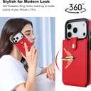 Folosu Compatible with iPhone 17 Pro Case Wallet with Card Holder, 360Rotation Finger Ring Holder Kickstand, RFID Blocking Leather Protective Double Buttons Shockproof Cover 6.3 Inch Red