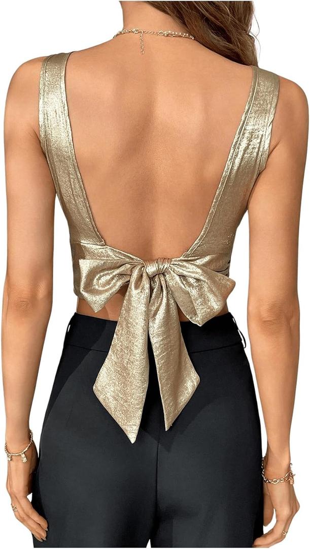 OYOANGLE Women's Metallic Bow Knot Tie Back Tank Top Party Sleeveless Crew Neck Crop Tops Champagne, Size: Small