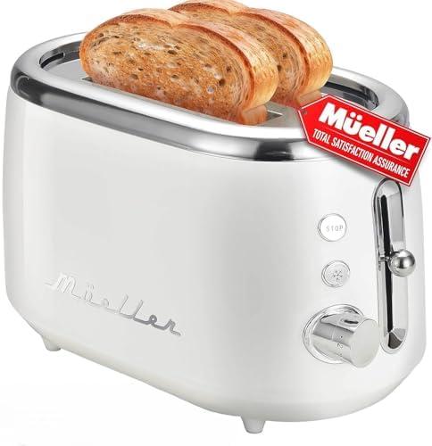 Mueller Retro Toaster 2 Slice with 7 Browning Levels and 3 Functions: Reheat, Defrost & Cancel, Stainless Steel Features, Removable Crumb Tray, Under Base Cord Storage, White