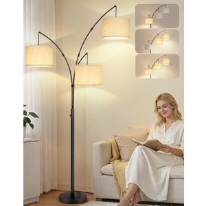 OUTON Arc Led Floor Lamp, Modern 3 Light Arched Tall Floor Lamps for Living Room, Mid Century Adjustable Standing Corner Lamps for Bedroom Office, 3 LED Bulbs Included, Beige Lampshade