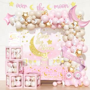 Party Inspo Over the Moon Baby Shower Decorations – 127 PCs Moon Themed Baby Shower Party Supplies with Backdrop, Balloon Garland, Cake Topper, Tablecloth, Sash, Poster, Banner (Pink,White)