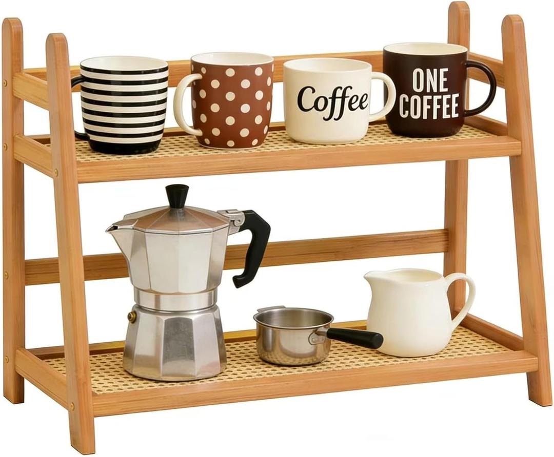 Household 2-Tier Cup Shelf Organizer, Kitchen Counter Shelf for Tea Coffee Bar Accessories, Bamboo Mug Holder Countertop, Matcha Stand, Cup Display, Condiment Storage Rack - Natural