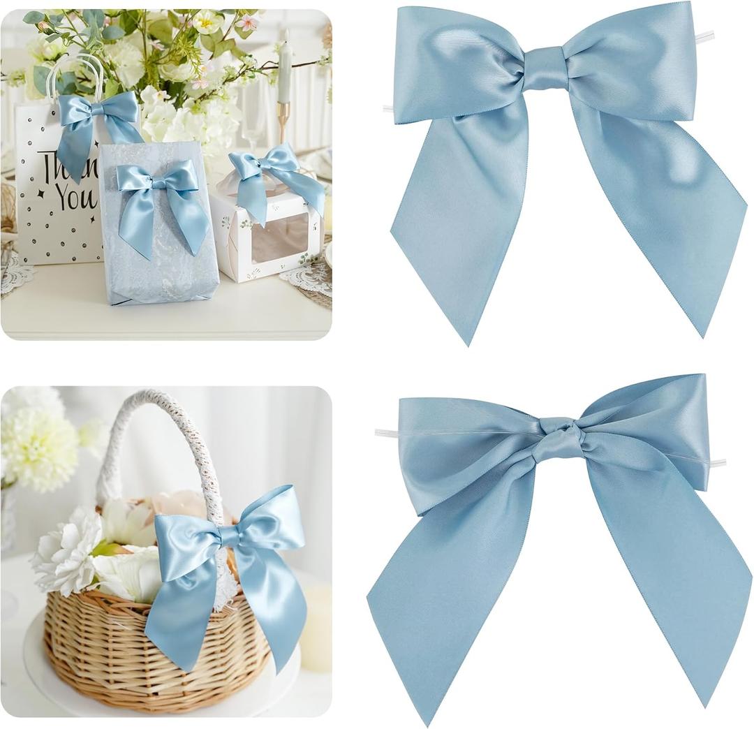 AIMUDI Dusty Blue Satin Bows 5.5" Bows for Gift Wrapping Satin Twist Tie Bows Premade Ribbon Bows for Treat Bags Invitations Baskets Wreaths Crafts Wedding Birthday Baby Shower Decorations, 24 PCs