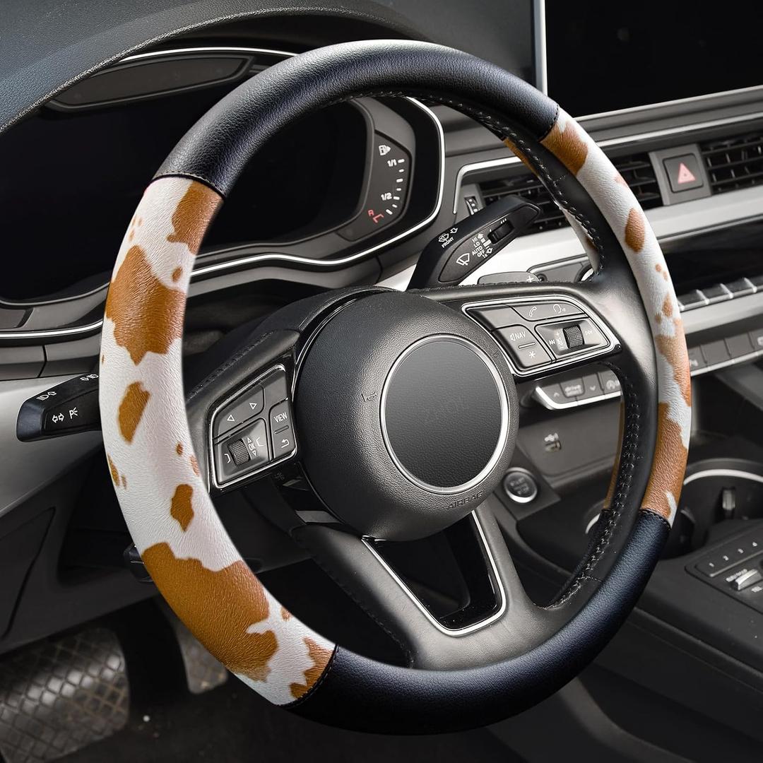 Cow Print Car Steering Wheel Covers, Breathable Microfiber Leather for Women and Men, Universal 15 inch Anti-Slip Steering Wheel Protector, Black Yellow