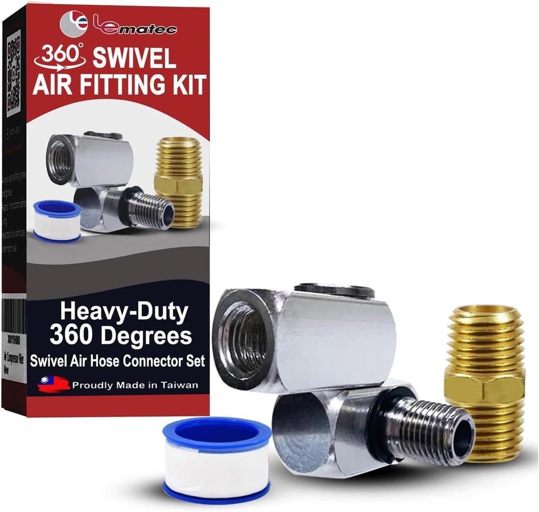 LE LEMATEC Air Compressor Swivel Connector - 360 Quick Connect Hose Fittings Kit with 1/4" NPT Male Adapter & Teflon Tape for Air Tools, Sandblaster & HVLP Spray Gun, Kink-Free Operation