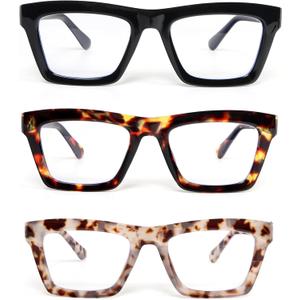 REAVEE Reading Glasses for Women, 3 Pack Blue Light Blocking Computer Readers Oversized Square with Spring Hinges (Black/Leopard/Grey Leopard)