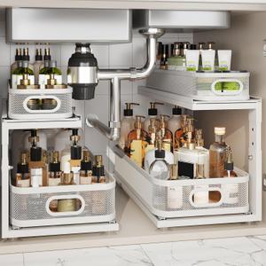 2 Pack 21IN-Depth Under Sink Organizer With Next-Gen Ball-Bearing Slides,2-Tier Precision Mesh Pull Out Cabinet Storage for Bathroom&Kitchen,Height Adjustable Drawers Shelf,Anti-rust-White