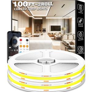 100FT COB Led Strip Lights, Uniform 6500K COB Rope Light,Bright Daylight White lights,High Density,App/Remote Control,Indoor 24V Cuttable Cabinet Lights for Bedroom,Bookshelf,Showcase,Kitchen