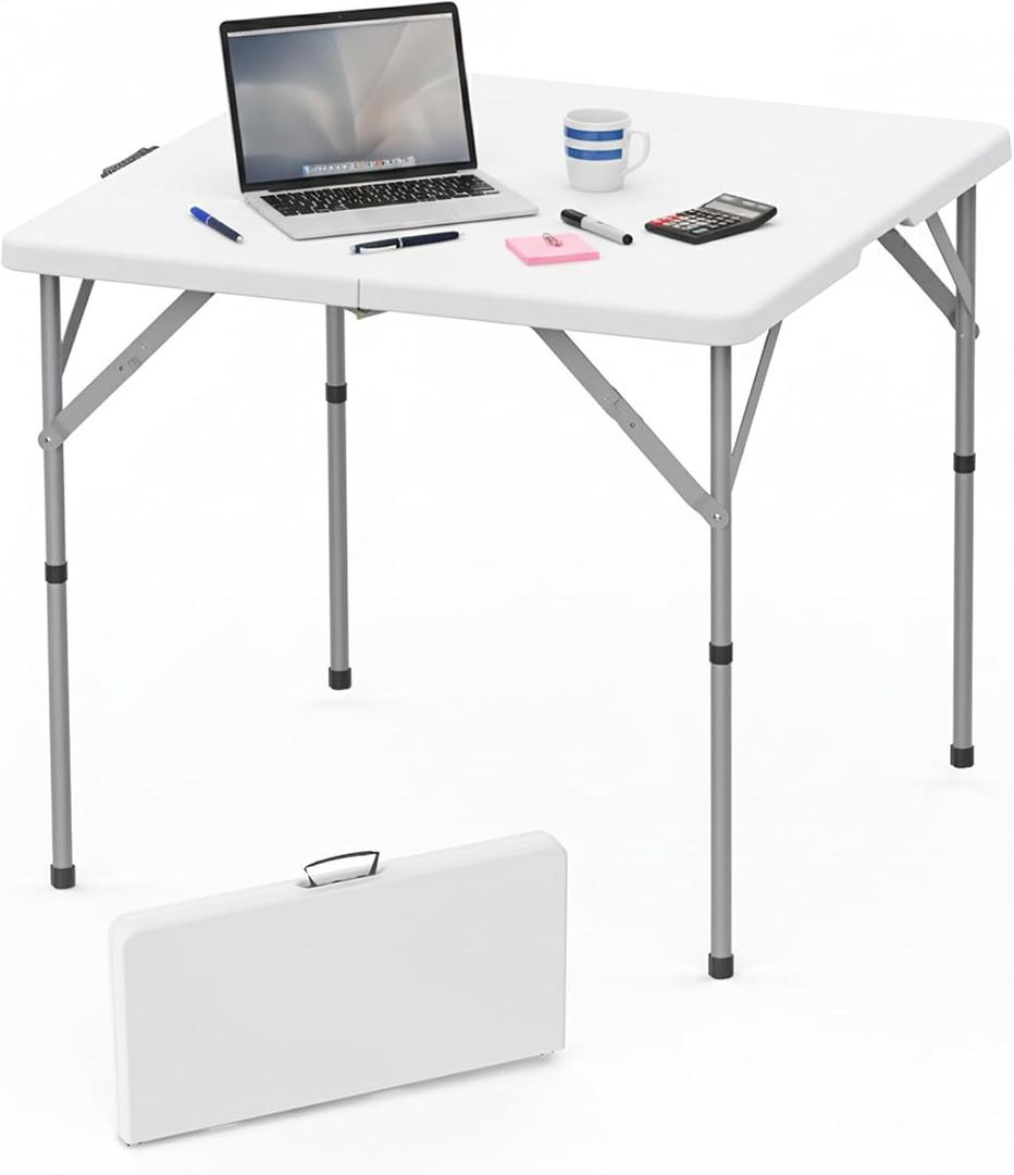 HLPB 34'' Square Folding Card Table, Fold-in-Half Portable Dining Table with Handle and Safety Lock, Foldable Plastic Dining Table Indoor Outdoor for Camping, Picnic and Party Event, White, 34 inches x 34 inches x 30 inches