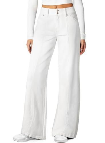 Sidefeel Women's Wide Leg Jeans Stretchy Straight Leg Jeans High Waisted Trendy Seamed Front Loose Denim Pants Cream White Size 6