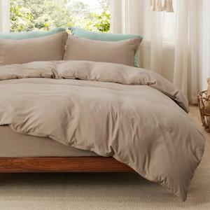Bedsure Duvet Cover Queen Size with Fitted Sheet - 4 Pieces Prewashed Cotton-Like Polyester Extra Soft Bedding Set, Includes 1 Duvet Cover 90x90 Inches, 2 Pillow Shams, 1 Fitted Sheet, Light Brown