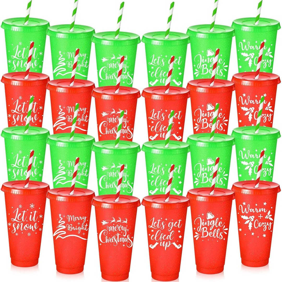 Funnymoom 24 Pcs Red and Green Glitter Christmas Cups Bulk with Lid and Straw 24 oz Reusable Christmas Plastic Tumbler with Sayings Holiday Drinking Cups for Xmas Party Supplies Favors, 6 Designs