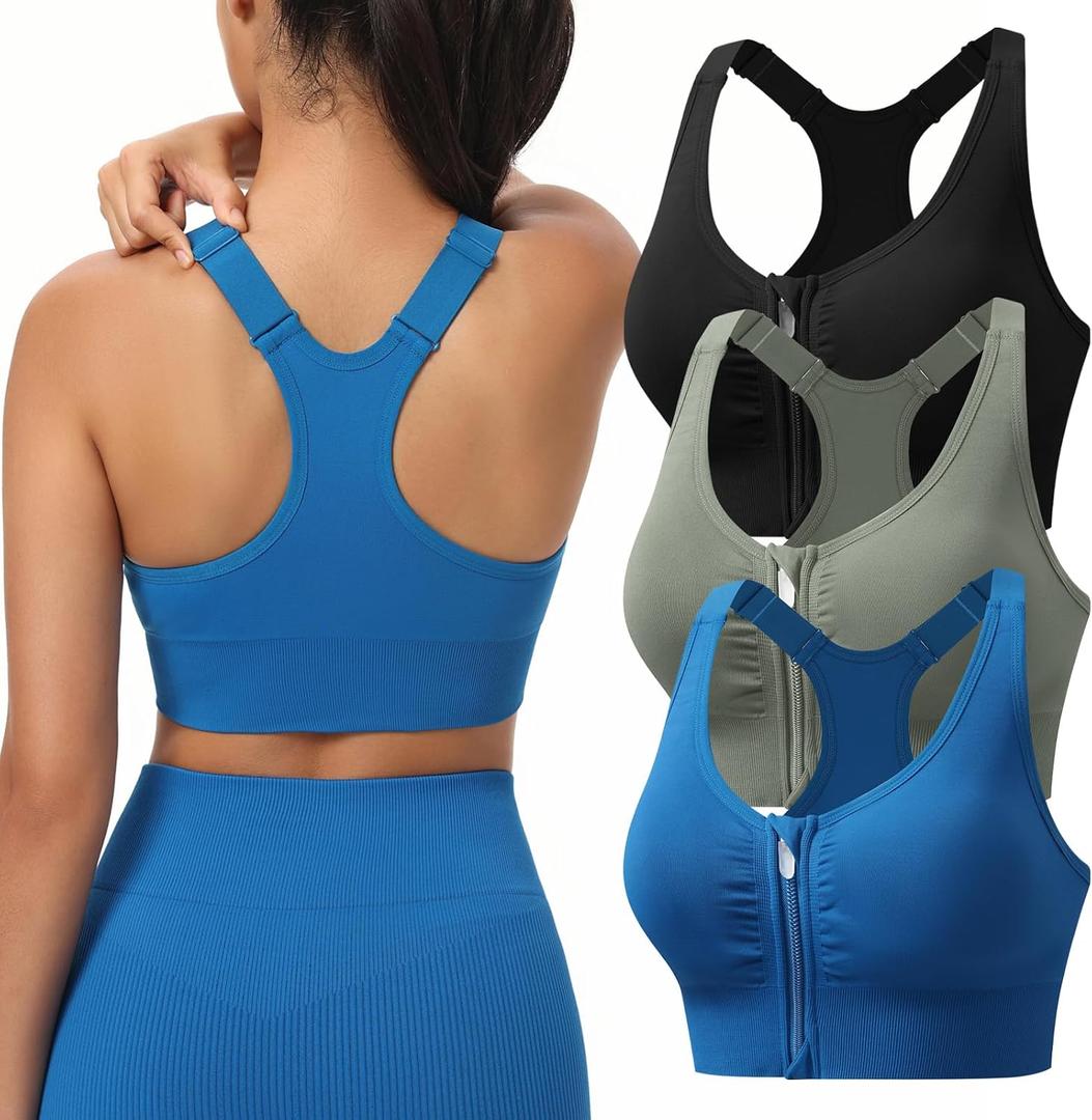 Zip Front Sports Bras for Women Adjustable Racerback Medium Support Bras Padded Post-Surgery Bras Seamless Yoga Athletic Bra, M 