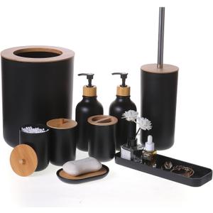 Matte Black Bathroom Accessories Set 9PCS,Bamboo Bathroom Accessories Sets Complete with Trash Can,Soap Dispenser and Toothbrush Holder Set,Toilet Brush,Qtip Holder,Vanity Tray,Soap Dish
