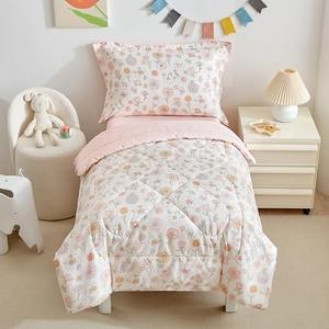 DuShow Floral 4 Piece Girls Toddler Bed Comforter Set Pink Flower Reversible Toddler Bedding Set Soft Baby Crib Bed Sheets Set in a Bag | Include Quilt Comforter,Flat Sheet,Fitted Sheet,Pillowcase