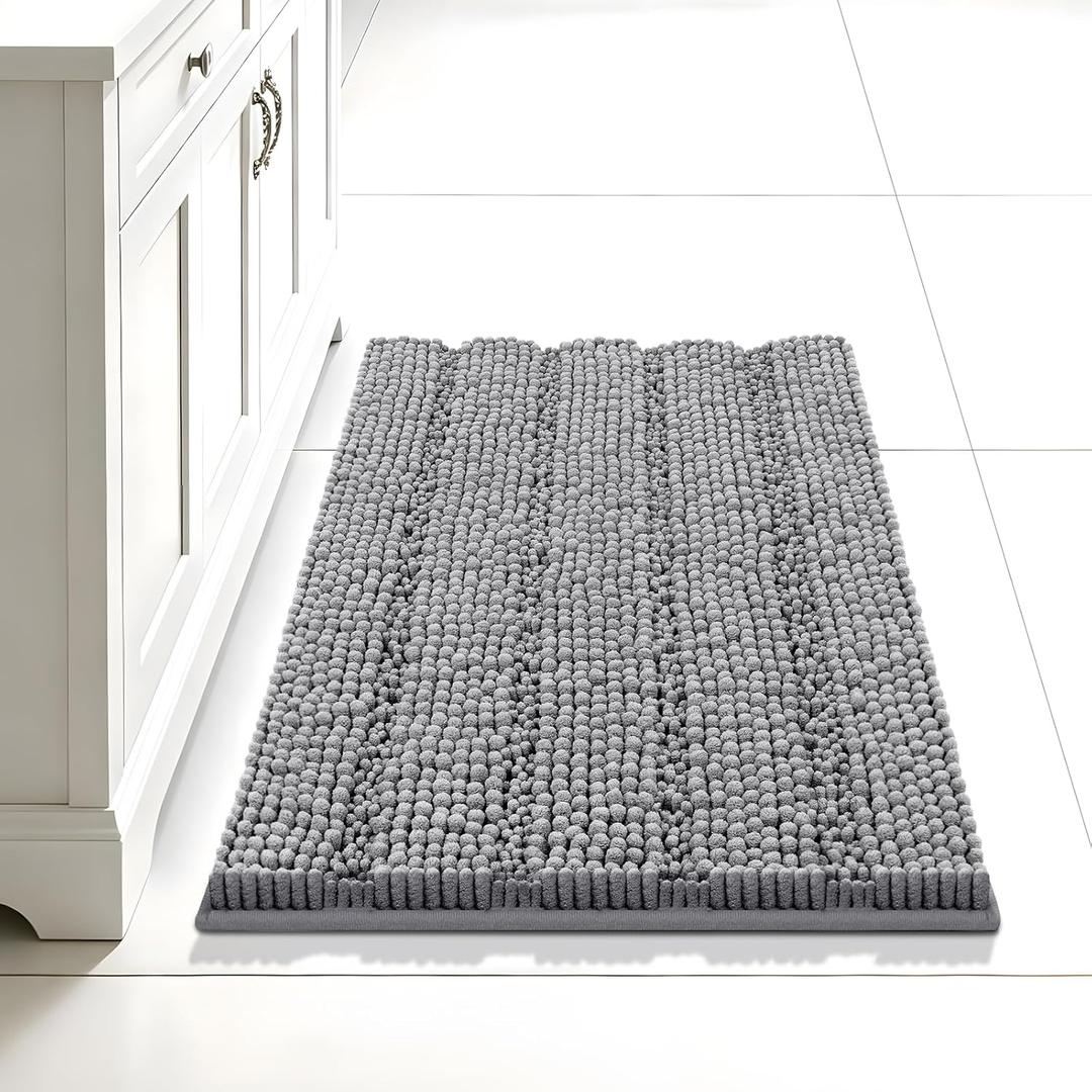 Bcoimo 24"17" Chenille Bath Mat  Non-Slip with Backing Bath Rug Ultra-Absorbent and Machine Washable Bathroom Mat Quick-Dry Design. Ideal for Bathroom and Tub Areas (1'5" x 2' (Rectangular), Grey)