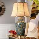 Blue Hand-Painted Ceramic Table Lamp Gold Flower Beside Lamps American Halo Ceramic Lamp Body with Fabric lampshade Nightstand for Living Room Bedroom Home Office