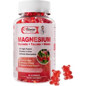 Magnesium Glycinate Gummies,Magnesium Potassium Supplement with Taurate, Malate, Vitamins D, C, B6, Calcium,Body Support,Raspberry Magnesium Gummies for Adults&Kids