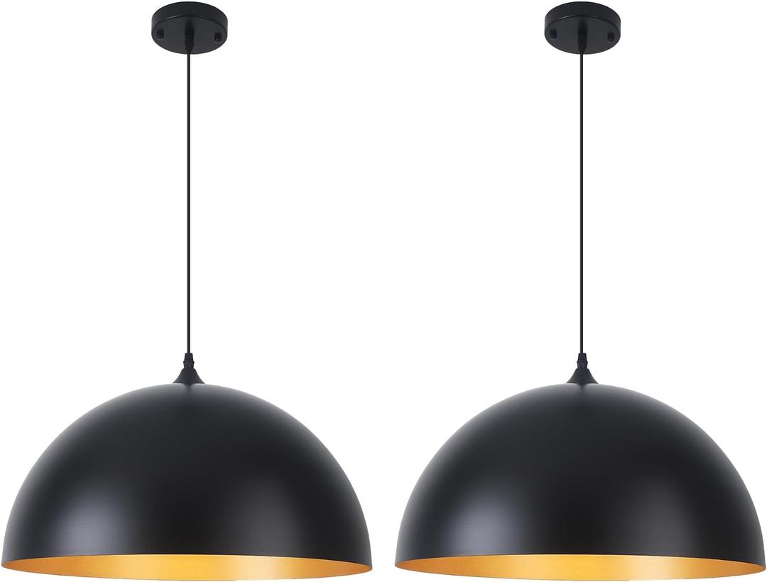 Black Pendant Lights Kitchen Island, 16 Inch Black and Gold Dome Pendant Light, Modern Farmhouse Pendant Light for Kitchen Island, Dining Room, Cafe, Bar, 2 Pack, 16"x2