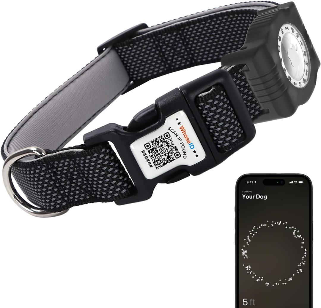 WhoseID Reflective Dog Collar with AirTag Holder,Adjustable Dog Collar with Neoprene Padded & Anti-Lost QR Code Buckle (Black, Medium)