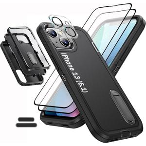 Case is Specially Designed for iPhone 13 6.1 Inch, Full Body Protection Heavy Duty Shock Absorbing 3 in 1 Silicone Rubber Built-in Stand with 2 Tempered Screen Protectors-Black