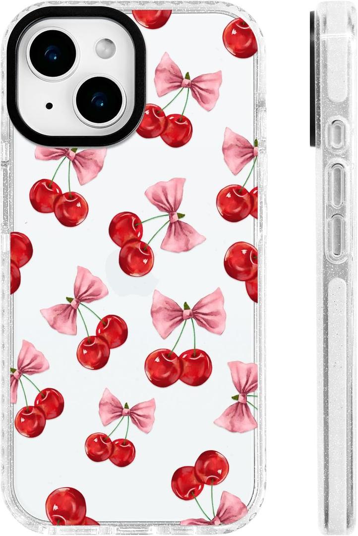 for iPhone 13 / iPhone 14 Case [Military-Grade Drop Protection/Cute Soft Slim TPU Protective/Camera Protection/Women & Girls] - Pink Bow with Red Cherry Scatter Pattern