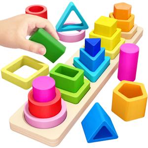 PEBIRA Montessori Toys for 1 2 3 Year Old Boys Girls Toddlers, Heightened Peg-Free Wooden Stacking Toys, Shape Sorter Learning Toy, Birthday Gift for Baby Kid Age 1-4 Preschool Toy, Various Game Play (Multicolor)