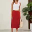 Naggoo Midi Skirts for Women Summer Elastic High Waisted Basic Straight Skirt with Slit (Red, M)