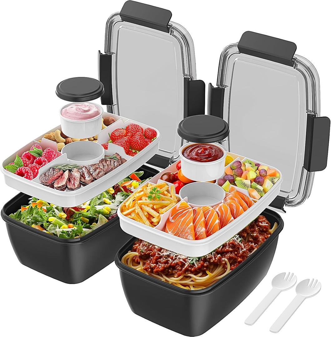 Cherrysea 2Pack Salad Lunch Container, 68oz Salad Bowls with 4 Compartments Tray,Leak Proof Lunch Box with Fork for Men,Women BPA-Free Snack Container with Sauce Container for Dressings - Black