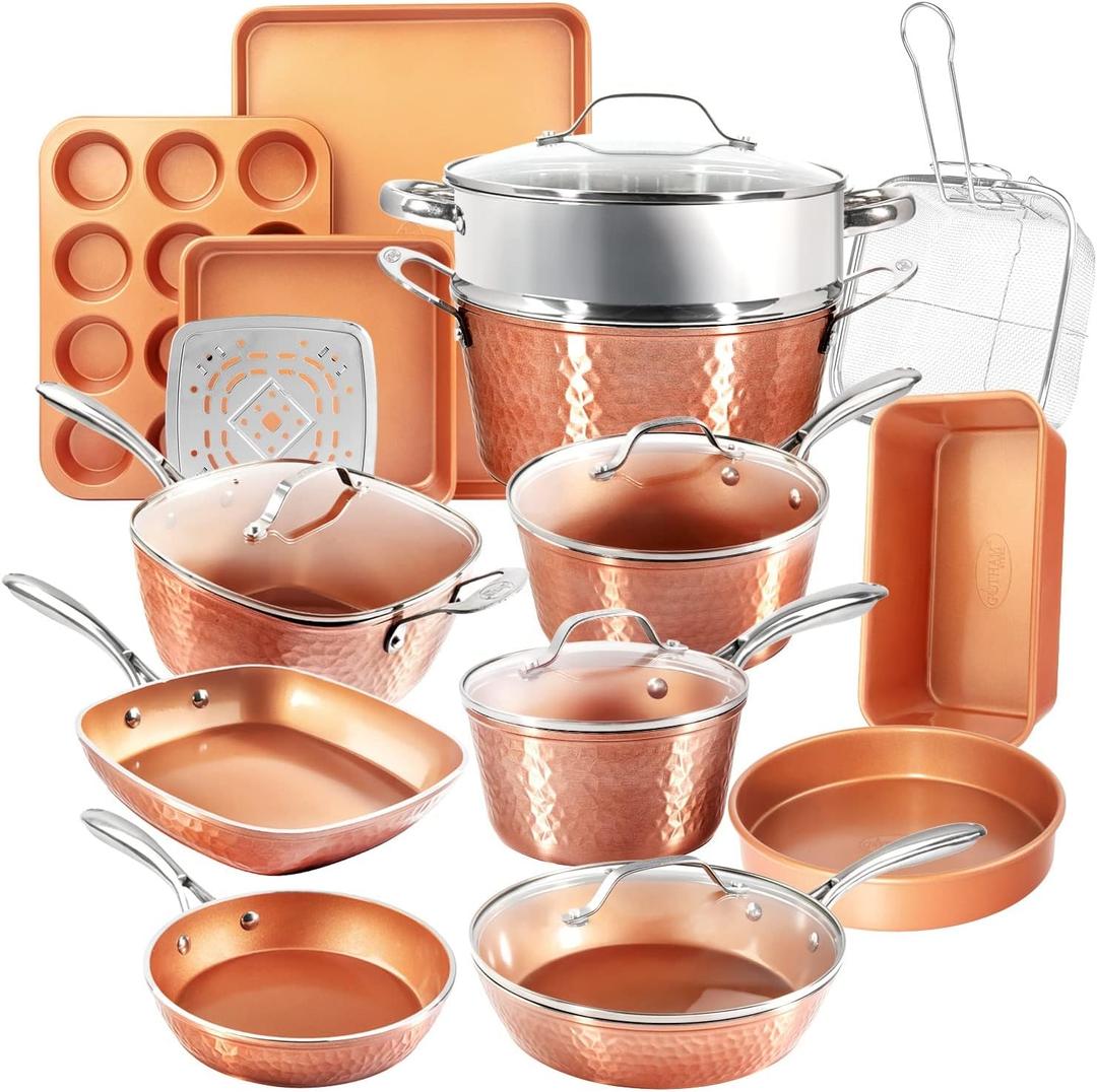 Gotham Steel Hammered 20 Pc Ceramic Cookware Set Nonstick, True Ceramic Pots and Pans Set Non Stick with Deep Square Pan Set & Bakeware Set, Non Toxic PFOA PFOS Free, Oven & Dishwasher Safe, 20 Piece Set