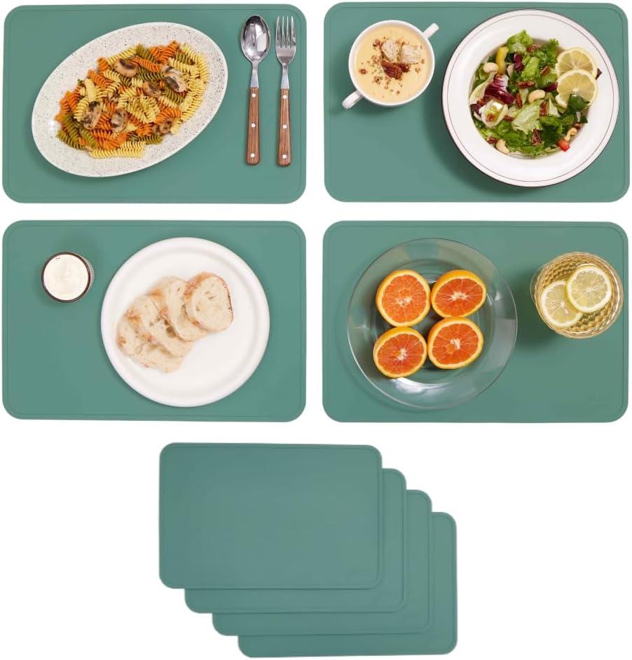 JUNO Silicone Placemat Set of 4 for Adults, Baby, Toddlers, Kids. Modern Design, Easy to Clean, Waterproof, Washable, Stain & Heat Resistant, Non-Slip, Food-Grade, 3mm Extra Thick (Khaki Green)
