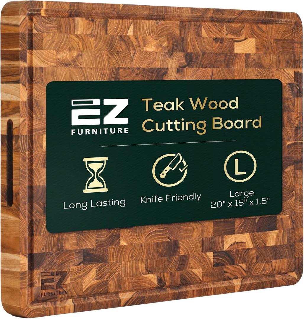20 x 15 Inch Teak Wood Cutting Board, Fathers Day Gift Idea for Dad, End Grain with Juice Groove and Handles, Knife Friendly, Suitable for Chopping, Aesthetics for The Kitchen